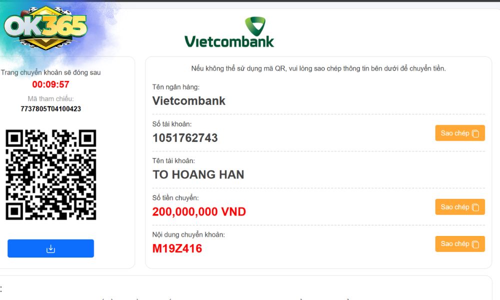 Nạp tiền trực tiếp từ Vietcombank vào OK365